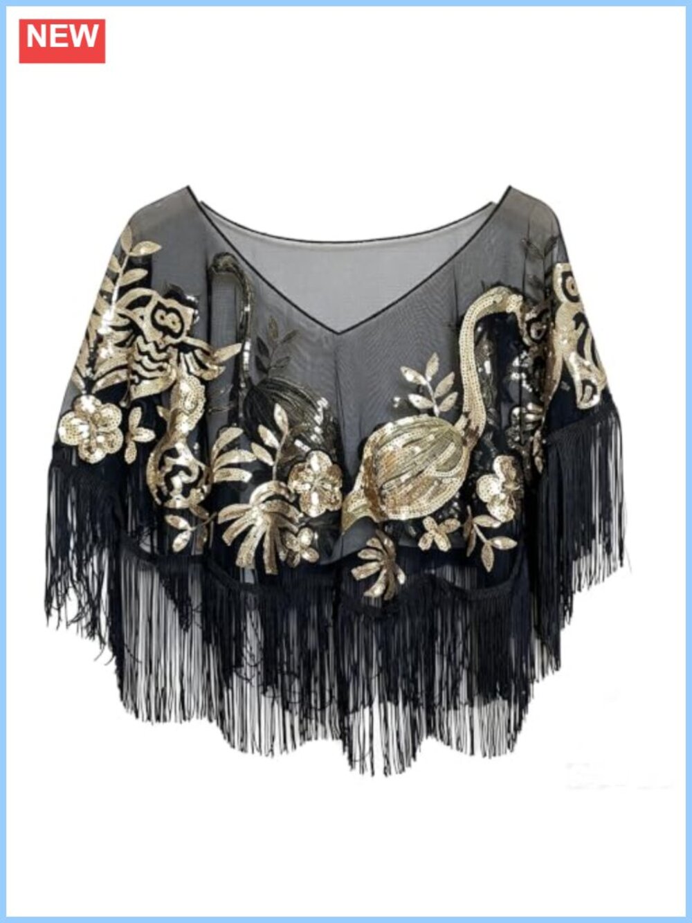 1920s Sequin Flamingo Floral Fringe Cape Evening Shawl Wrap for Women